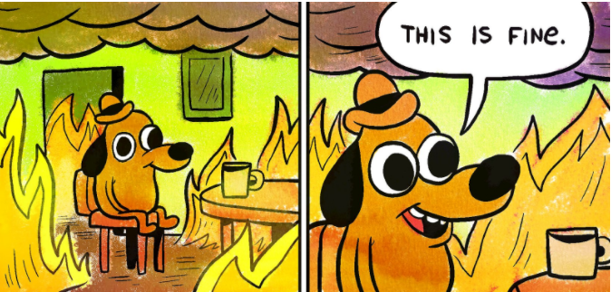 Dog sitting on a chair with a cup of tea surrounded by fire saying "This is fine" meme