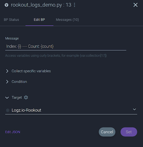 Rookout logs demo
