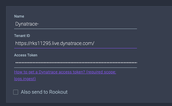 Add your Dynatrace token and tenant ID into Rookout