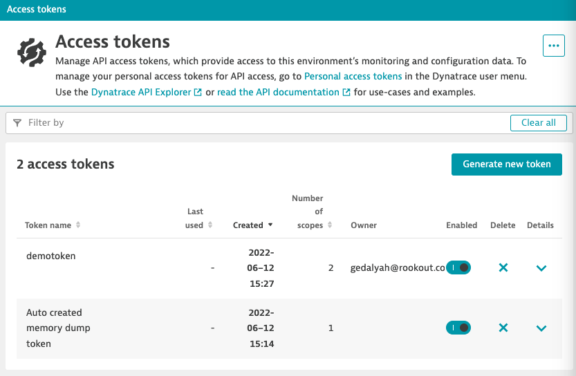 Access tokens in Dynatrace