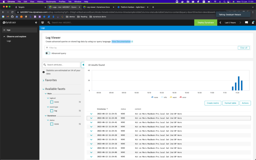 View those same logs from Rookout inside of Dynatrace