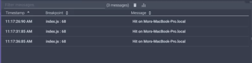 Logs generated by your breakpoints in Rookout