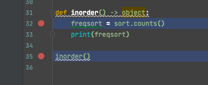 Two breakpoints are visible on the side for PyCharm debugging
