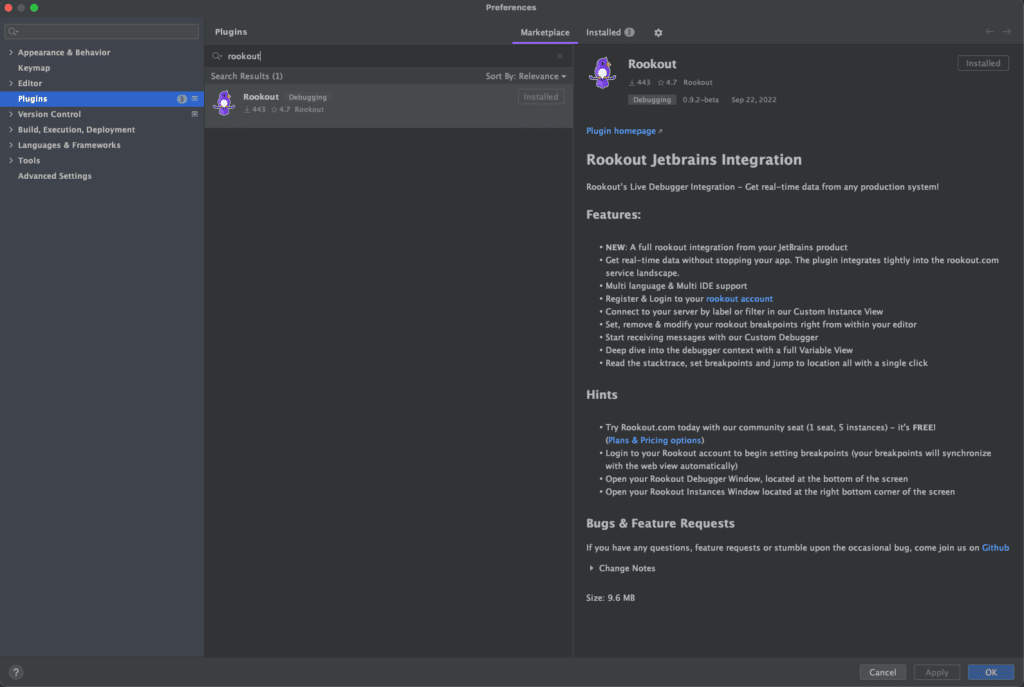 Find the Rookout Plugins inside the JetBrains Marketplace