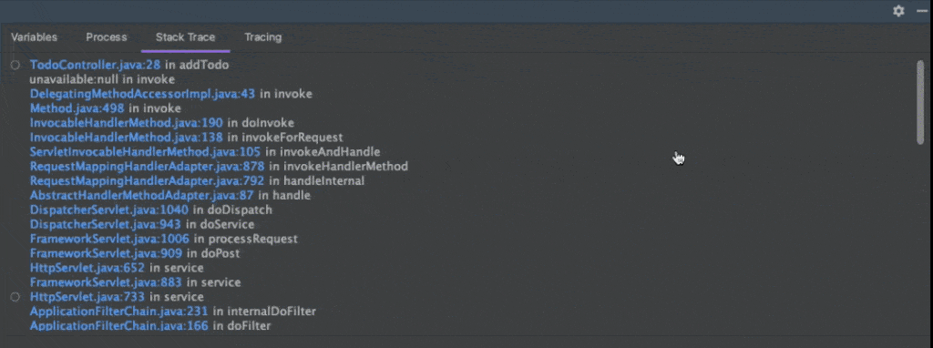 Drill down with the Variables, Process, Stack Trace, and Tracing tabs to the right of the bottom Rookout panel