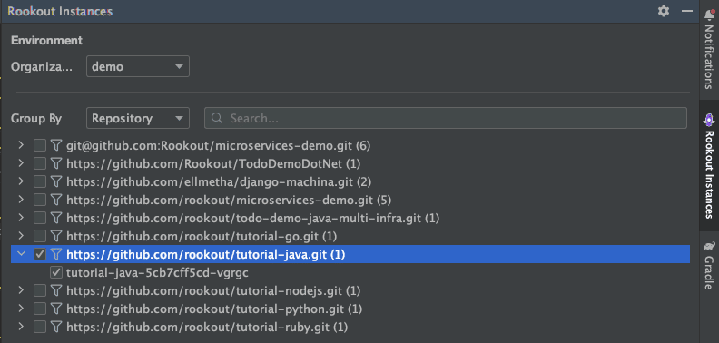 Select from the Instances panel in the Rookout plugin sidebar in IntelliJ