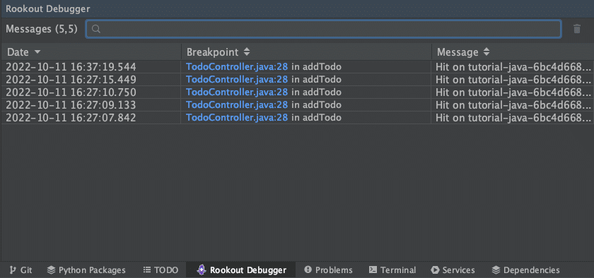 Rookout's event logs in the bottom panel inside IntelliJ
