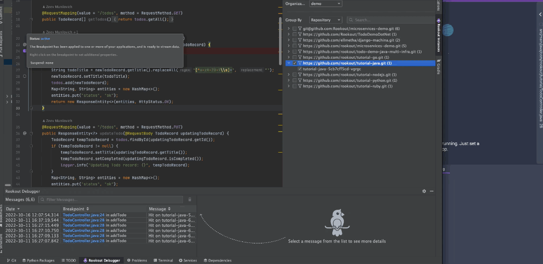 Switching between the Rookout IDE Plugin in IntelliJ and the Rookout Web-IDE for advanced debugging visualizations and serverless debugging